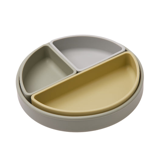 Assiette bébé en silicone vert avec 3 compartiments amovibles - vue latérale